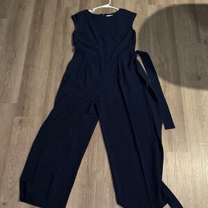 New York & Company Sleeveless Navy Wide-Leg Jumpsuit with Self Tie